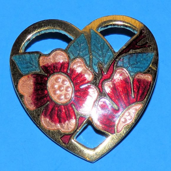 Jewelry - Vintage Heart Brooch Pin Cloisonne Enamel Pink Flowers Floral Leaves Gold Tone